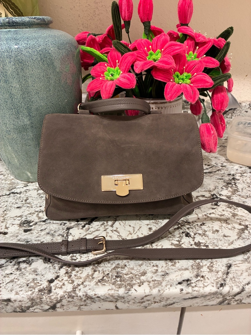 Donna Karan Grey Suede Satchel with Gold-Tone Lock